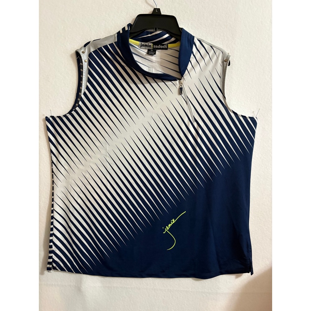 Jamie Sadock Womens XXL Sleeveless Golf Top Navy Blue White Striped 1/4 Zip Vest